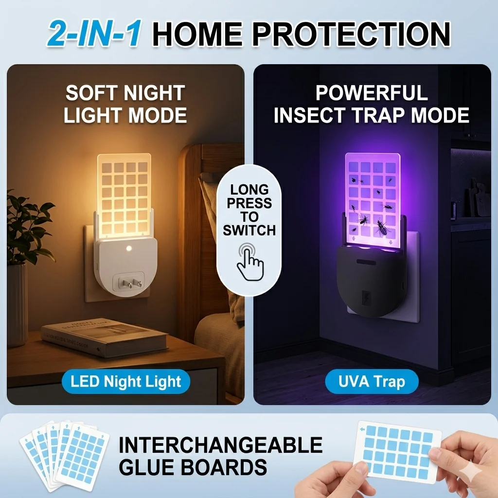Trampa para Insectos Voladores de Interior para Moscas, Mosquitos de la Fruta, Mosquitos, Polillas y Otros Insectos, 2 en 1 con Luz Nocturna UV y LED Ajustable