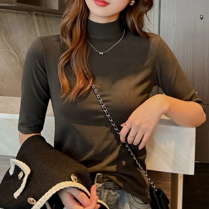 Women's T-Shirts Korea Stylish Half Sleeve Solid Color Casual Slim Basic Tops Brushed Fabric Blouse Female Outwear C5864