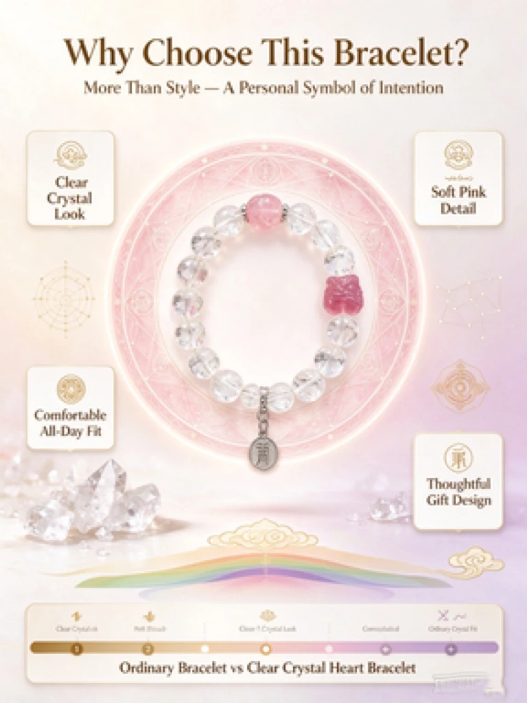 Vintage Boho Women Clear Quartz Single Strand Bracelet, Natural Clear Quartz Beads, Strawberry Quartz Lion Carved Decor, Abundance Positive Vibe Jewelry, Xmas Gift for Daily Wear
