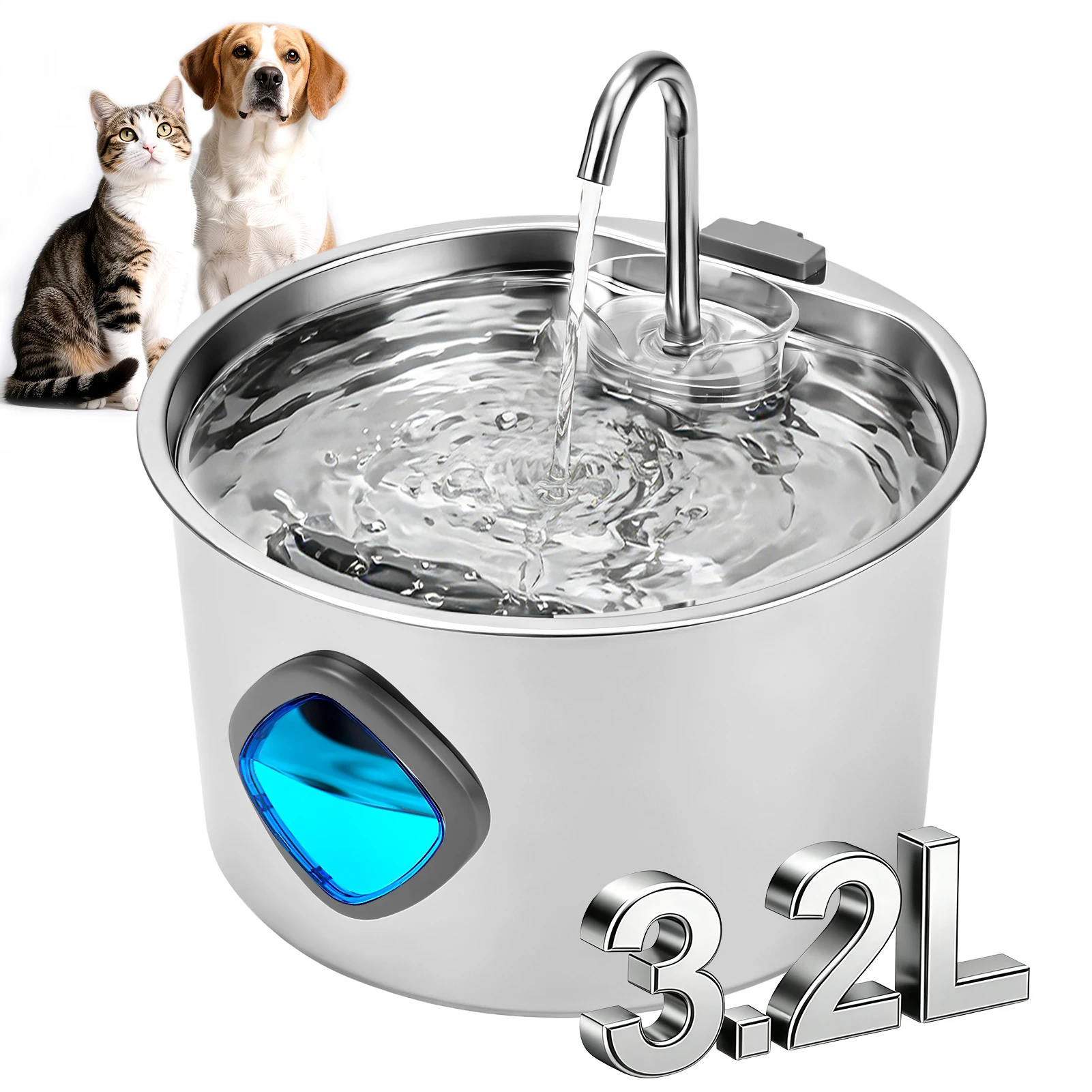Bebedouro automático para animais de estimação, em aço inoxidável, com capacidade de 3,2 litros, janela de visualização e torneira, com alimentação USB, dispensador de água silencioso, para gatos adultos e gatinhos.