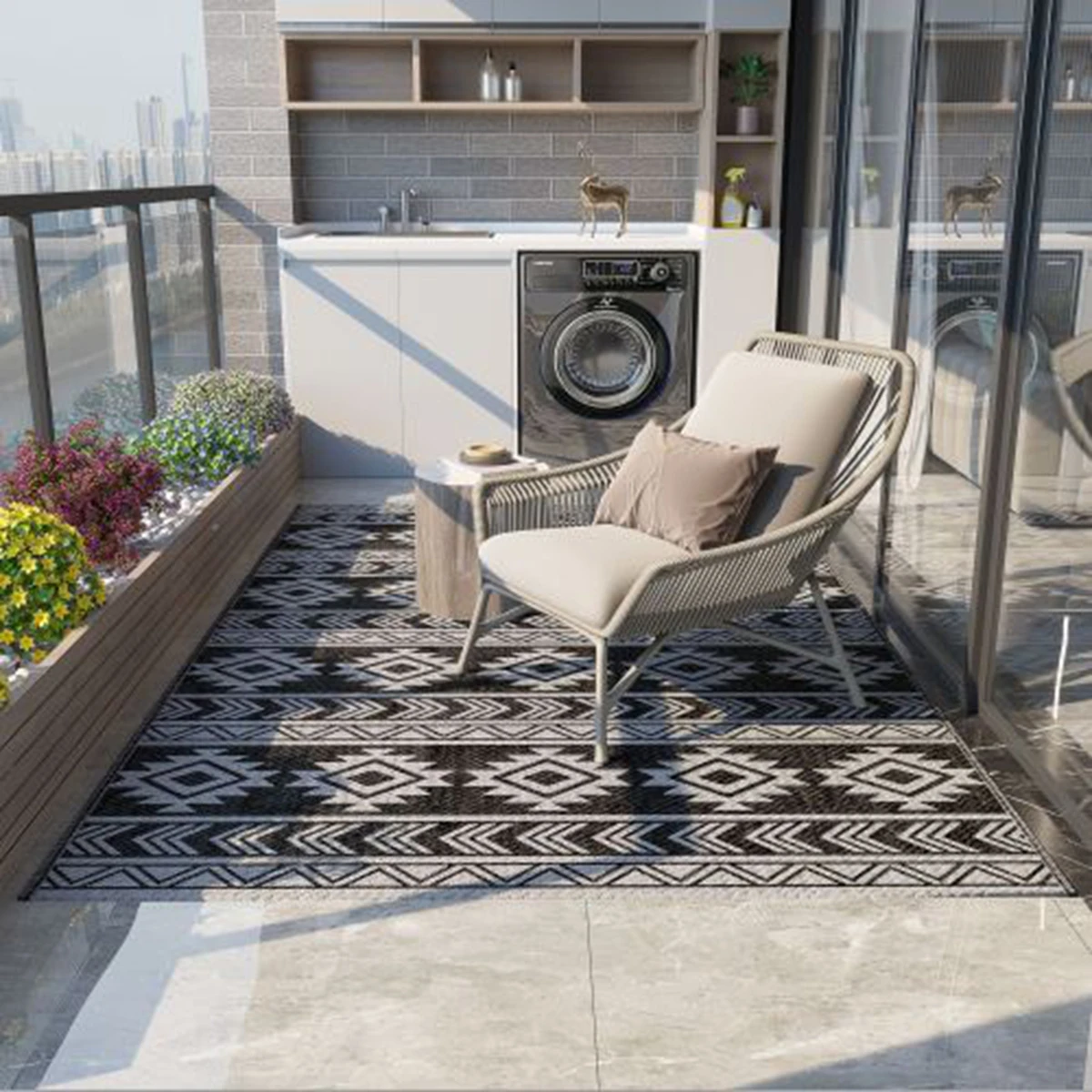 Tapis extérieur imperméable en plastique, design recto-verso pour terrasse et balcon, noir et gris, 182 × 274 cm