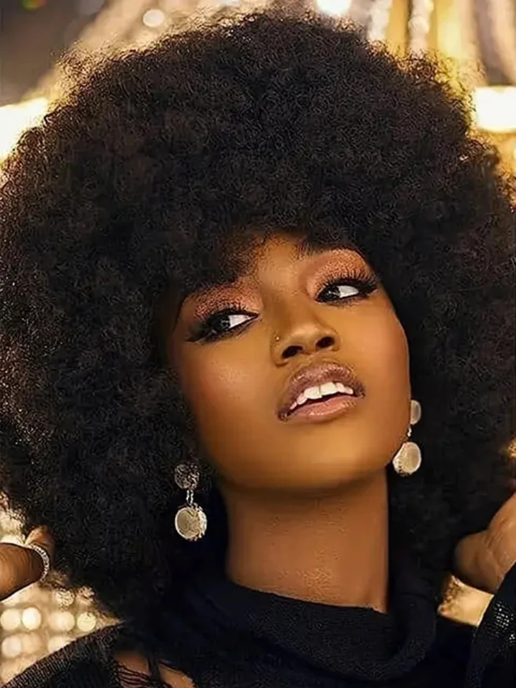 Afro Curly Wigs Fluffy Glueless Human Hair Wigs For Women Girls Afro Puff Wigs With Bangs Bouncy Soft Natural Looking Hair Wig