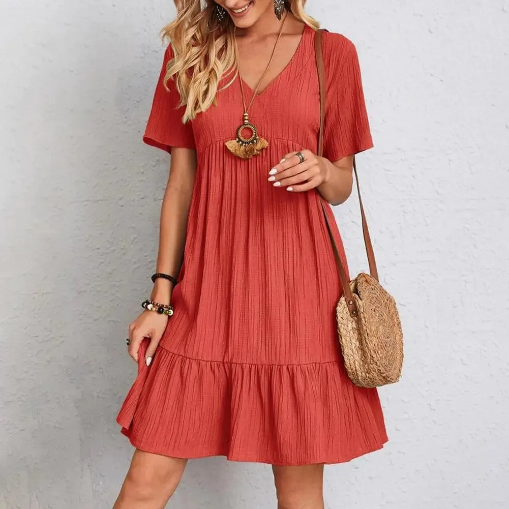 

Elegant Solid Color Dress Summer Vintage Loose V Neck Ruffles Mini Dress A-line Sundress Women Casual Bohemian Beach Party Dress