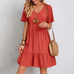 Mini vestido feminino com babados em decote V, vestido de verão, casual boêmio na praia, elegante cor sólida, solto, verão