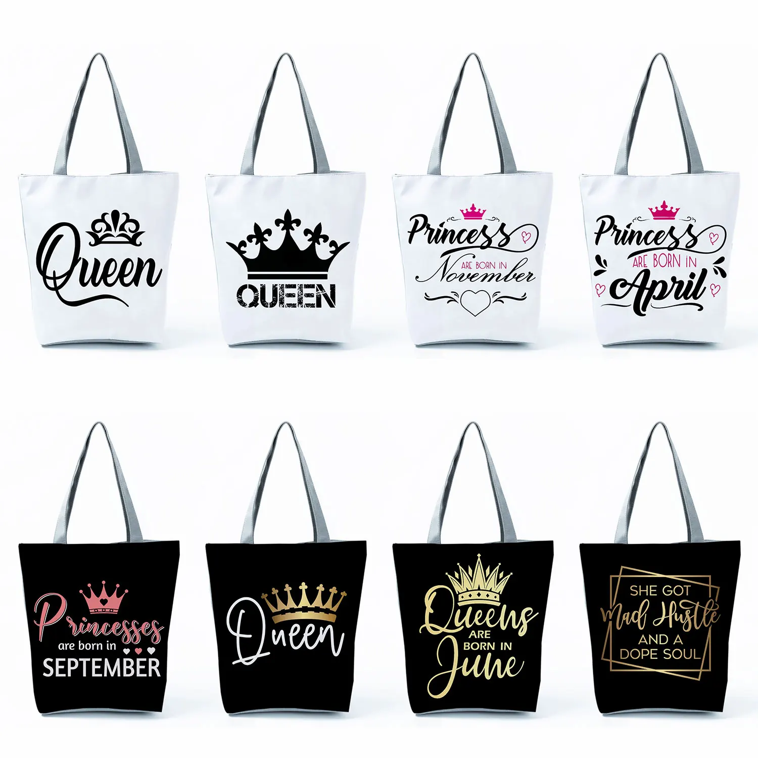 Personalizza le borse da donna con corona di lettere Queen King Print Tote bianco nero semplice moda bella borsa da spiaggia da viaggio pratica