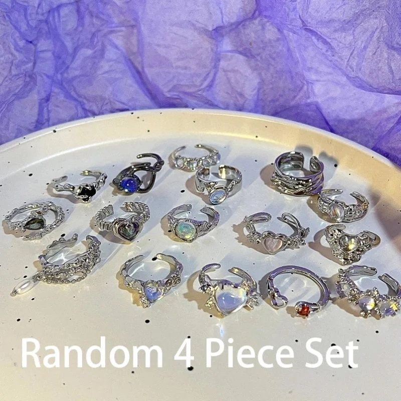 Random 4-piece Y2K ring set, silver heart-shaped imitation crystal inlaid with adjustable opening ring, stackable women's jewelr