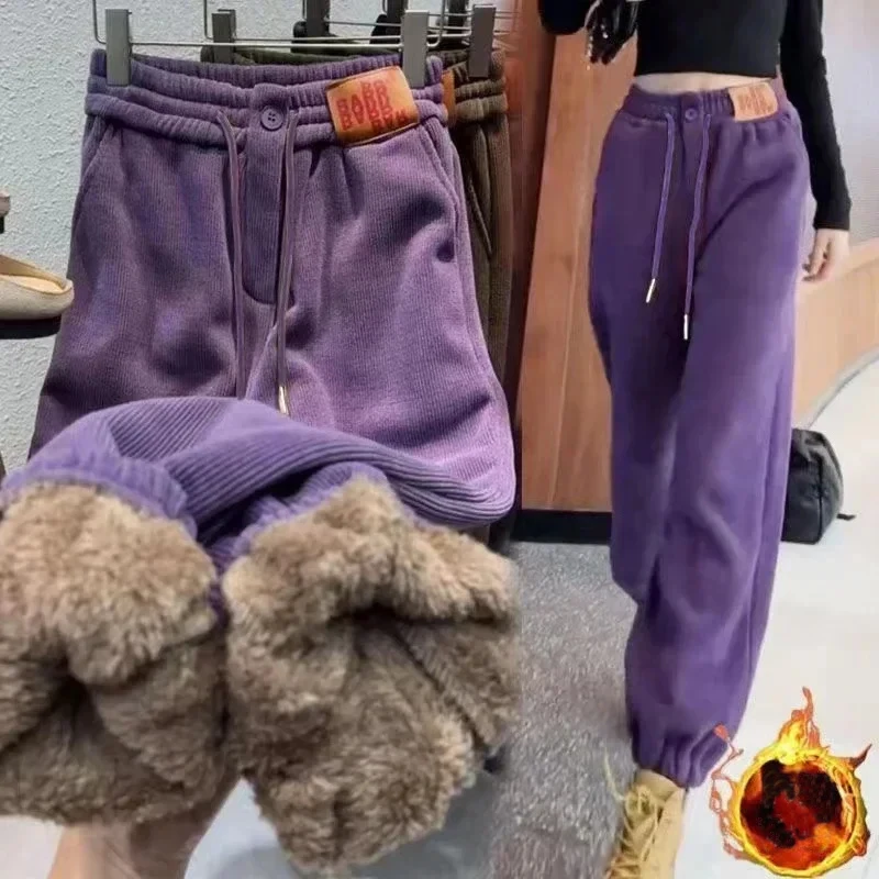 Solid Casual Thicken Women Corduroy Pants Lamb Fleece Padded Cashmere Warm Sweatpants Female Elastic Waist Soft Fur Trousers