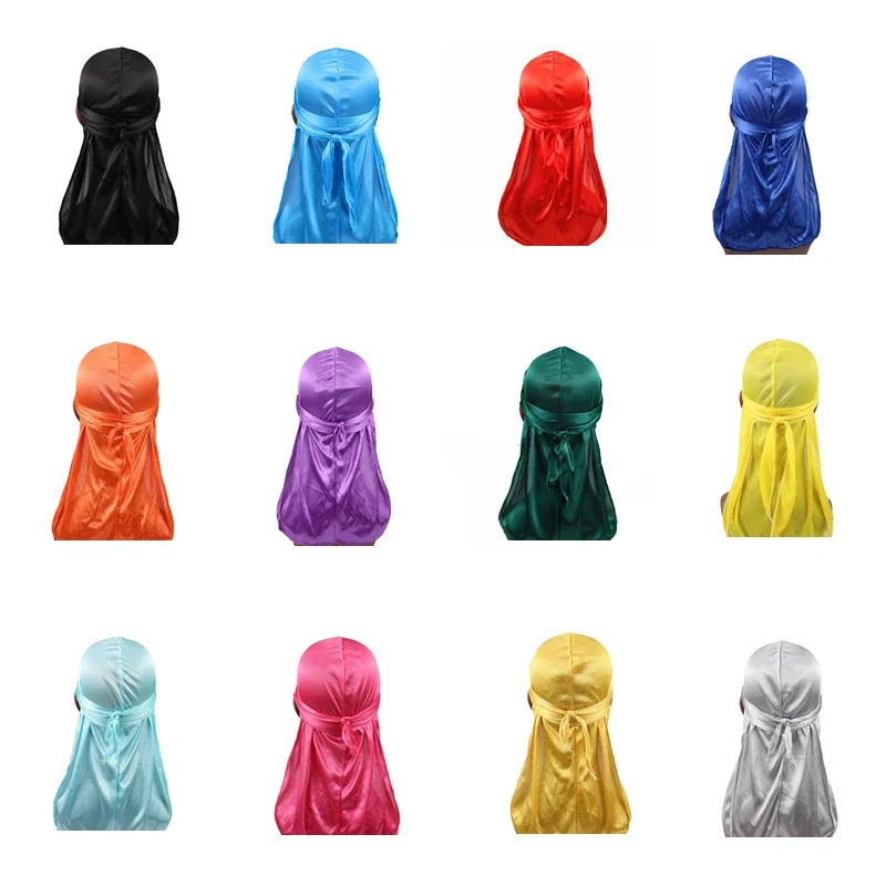 Unisex kobiety mężczyźni jedwabny Durag turban kapelusz peruki Biker nakrycia głowy z pałąkiem na głowę akcesoria do włosów długie paski na ogon bandany jedwabiste Durags — zdjęcie 2