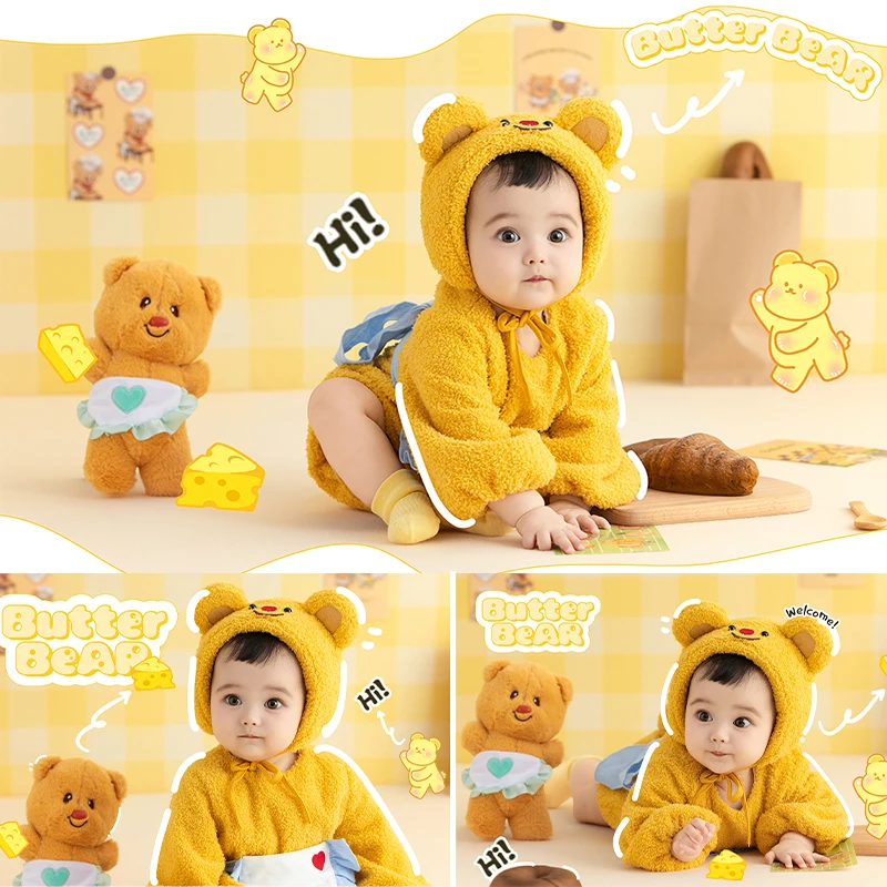 Cartoon Yellow Bear Baby Clothing 100 Days Baby Photography Props Bear Ear Hat Jumpsuit Sock Outfit Bread Tray Baking Shoot Prop