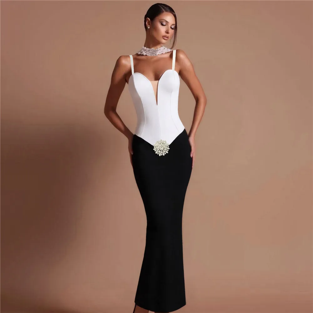 

2025 Women's Summer New Fashion Black and White Pachwork Sexy Spaghetti Strap Sleeveless slim Bandage Dress Vintage