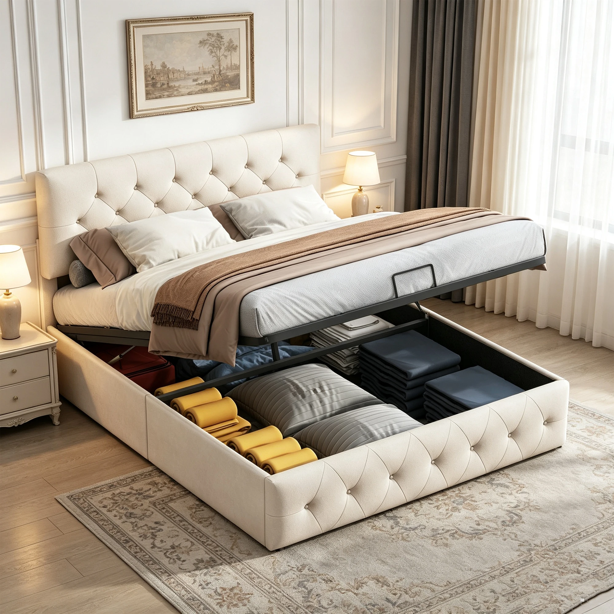 Letto imbottito Superaly, 140x200 cm, letto con struttura a doghe e contenitore, letto per ragazzi, letto matrimoniale con spazio contenitivo, letto con contenitore, struttura letto con doghe,