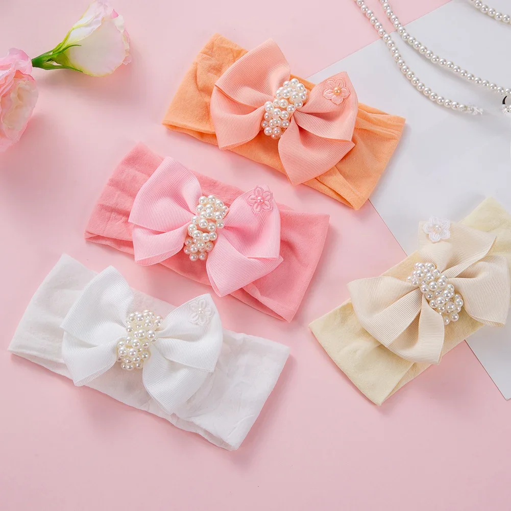 Bandeaux en Nylon solide pour bébé, ruban gros-grain noué en perles, nœuds de cheveux, pour nouveau-né, garçons et filles, accessoires de couvre-chef
