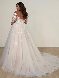 Plus Size O-neck Tulle Wedding Dress Long Sleeves Appliques Backless Floor Length Civil A-line Bridal Gown vestidos de novia