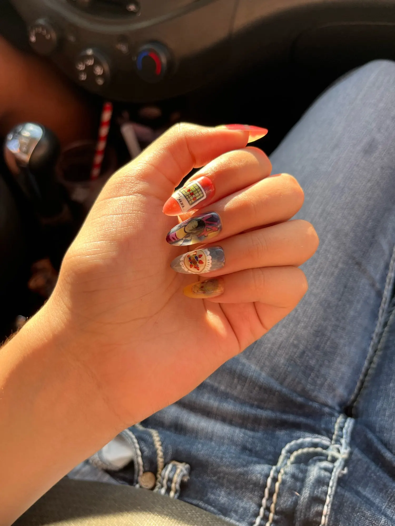 24pcs Anime Pattern Nails Tips Colorful Almond Press on Nails Art Ornament for Girls Wearable Cute False Nails Set Fake Nails photo review