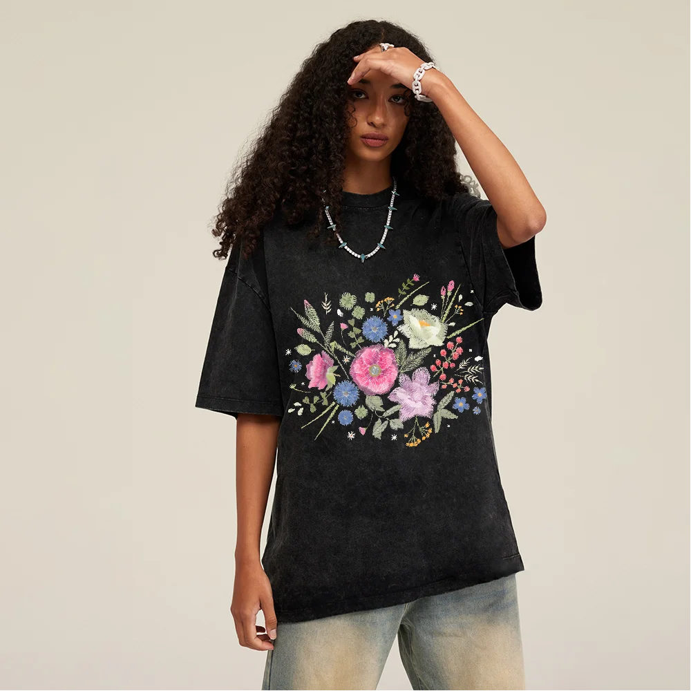 

Chinese Intangible Cultural Heritage Embroidery Pattern Printed Pure Cotton Distressed Short Sleeve Women's Clothing Summer INS