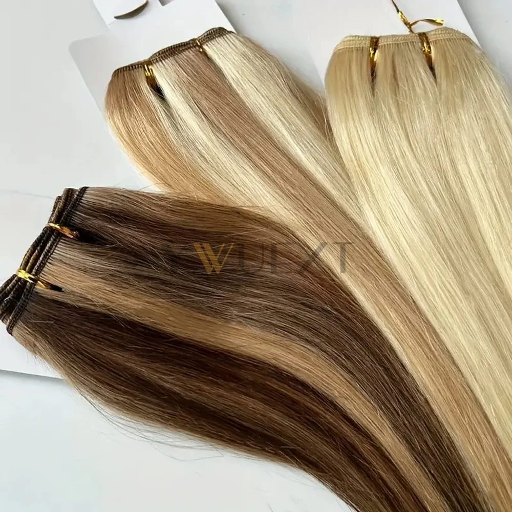 حزم لحمة شعر بشري حقيقي خياطة مزدوجة في ملحقات اللحمة شعر أشقر بني أسود للنساء شعر لحمة طبيعي مستقيم