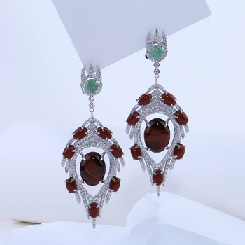 Fashion luxury women silver long drop earrings peacock feather shape with aventurine and dyed opal Trend gift jewelry