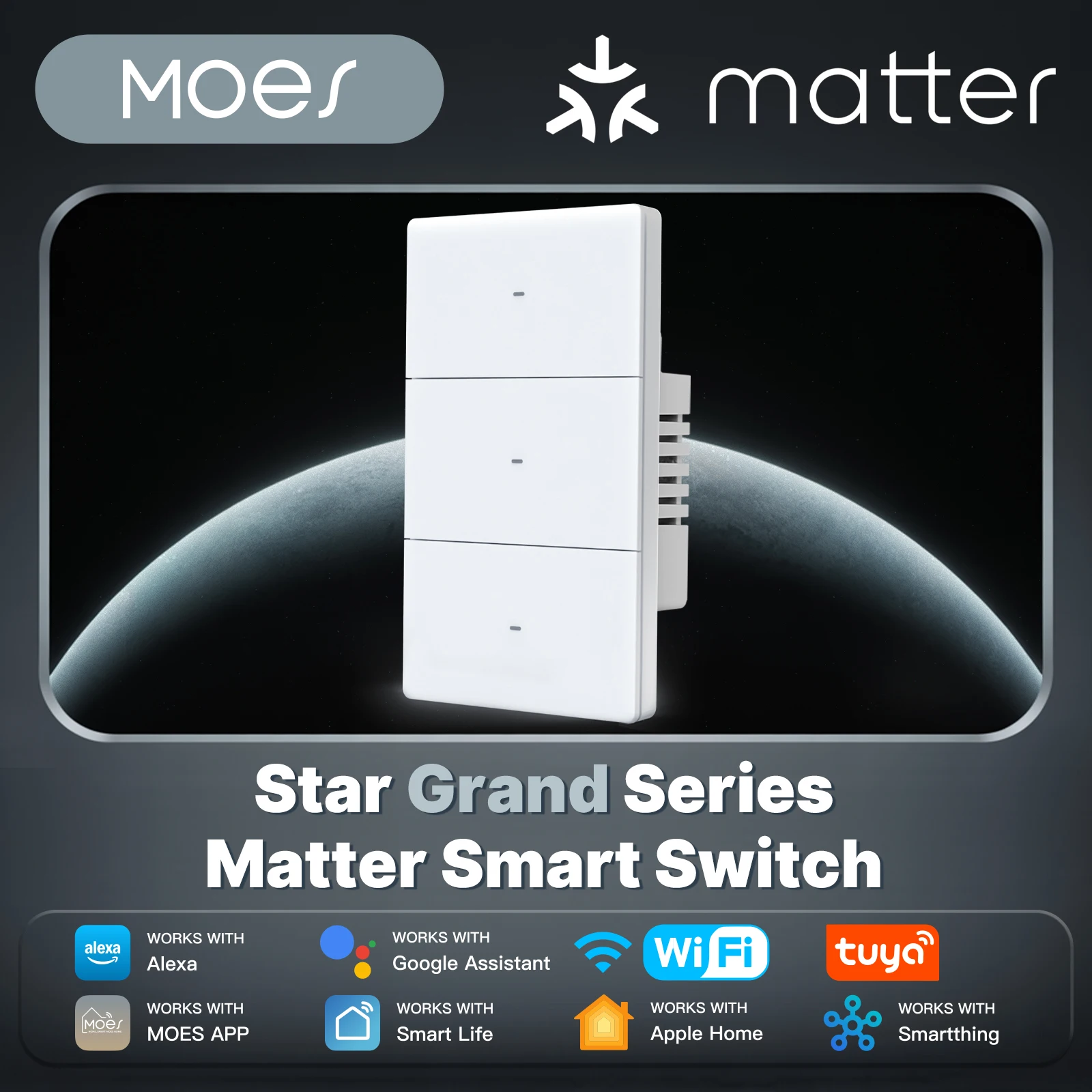 MOES Star Grand Series Matter Smart Switch Tuya WiFi Light Switch 10A Neutral Required Apple Homekit Alexa Google Smartthings