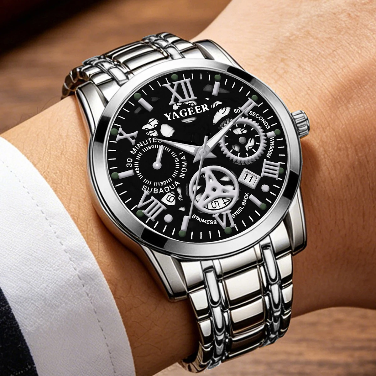 Men's Fashionable High-End Luxury Versatile Quartz Wristwatch with Roman Hollow Decoration and Calendar