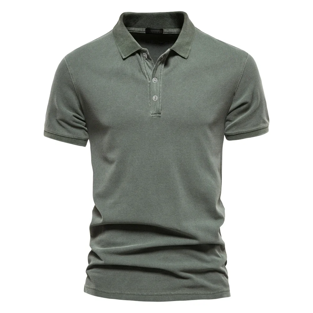 AIOPEON 100% Katoen Effen Kleur heren Poloshirts Casual Korte Mouw Turndown heren Shirts Mode Streetwear Polo's voor Mannen - afbeelding 2