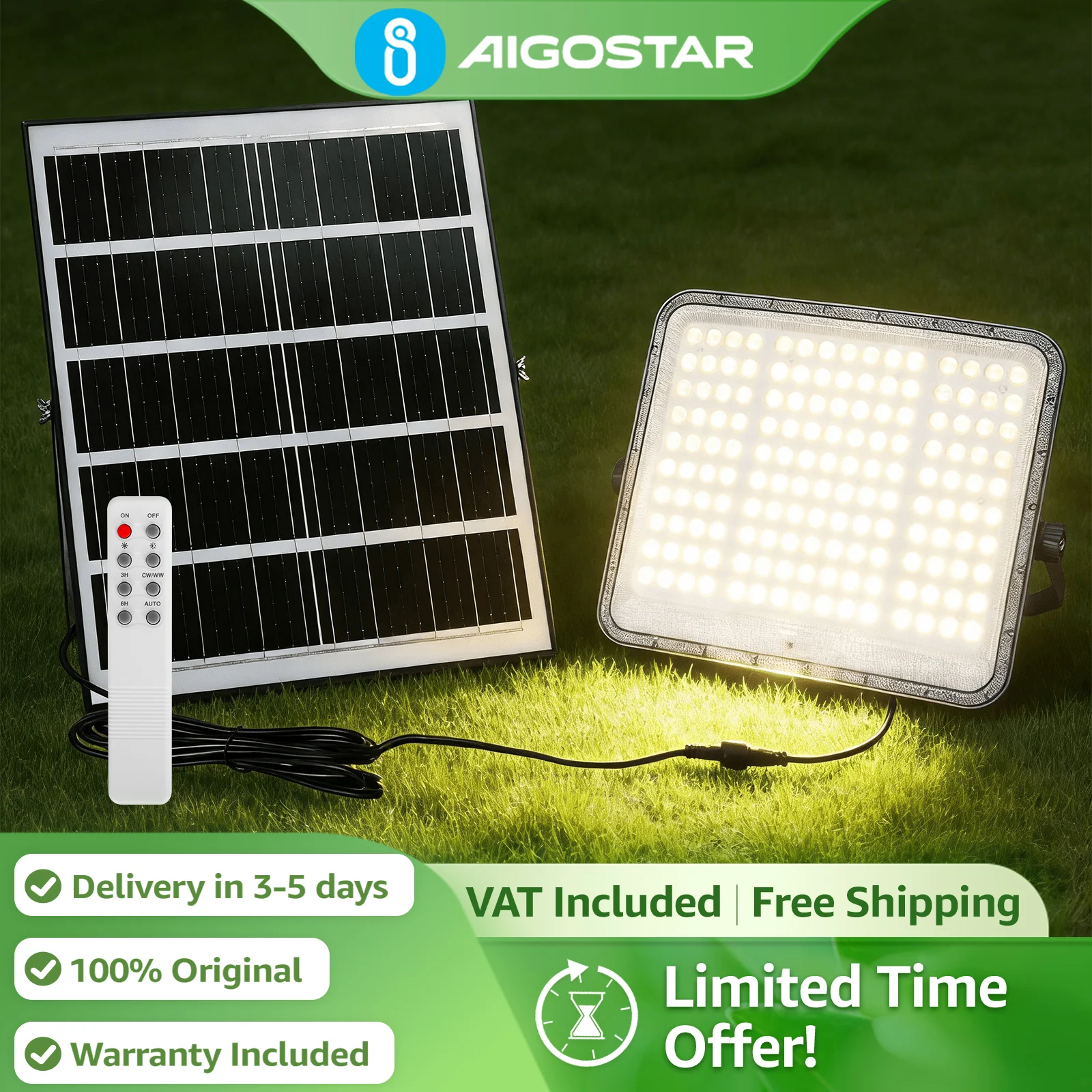 Aigostar Proyector Solar 20000mAh Gran Batería | 3 Colores Regulables (3000K/4000K/6500K), IP65 | Cable 5m para Jardín, Patio