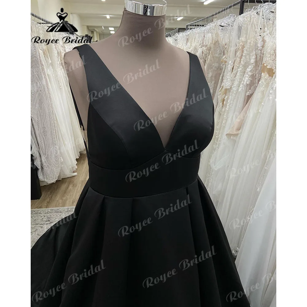 Vestido de casamento vintage de cetim macio para mulheres, decote em v, sem costas, preto, vestido de festa nupcial, personalizado, 2024