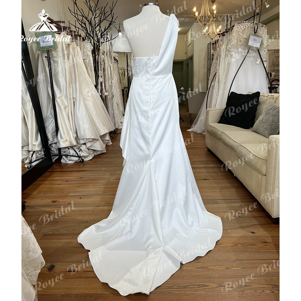 Einfache sexy eine Schulter Falten Satin Meerjungfrau Brautkleid für Frauen Boho Brautkleider Sweep Vestidos de Novia Robe de Mariée