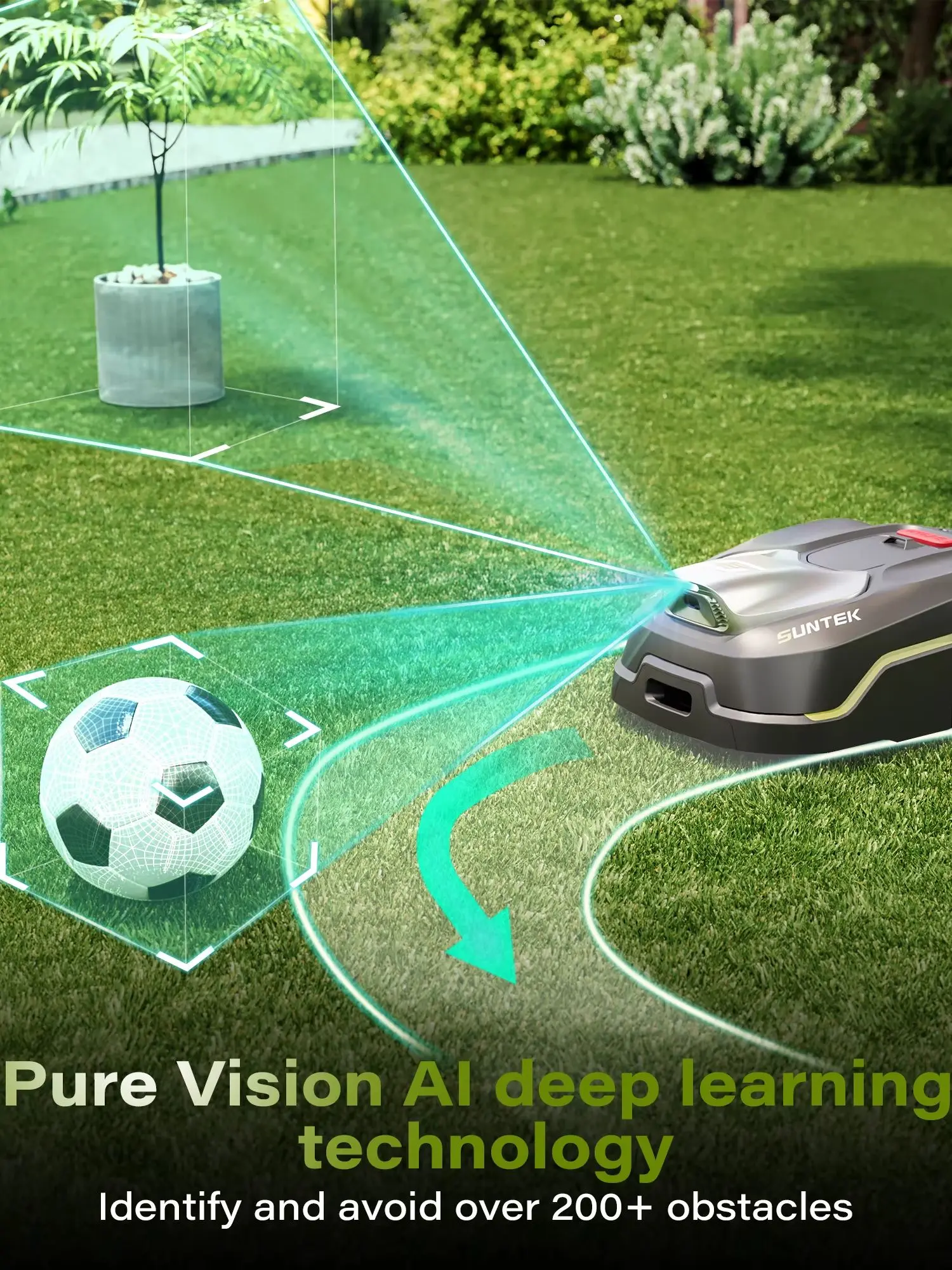 SUNTEK Mähroboter ohne begrenzungskabel AI Vision-Kamera, Max 280 m², Genaue Hindernisvermeidung,IPX5-Wasserschutz,APP Bedienbar