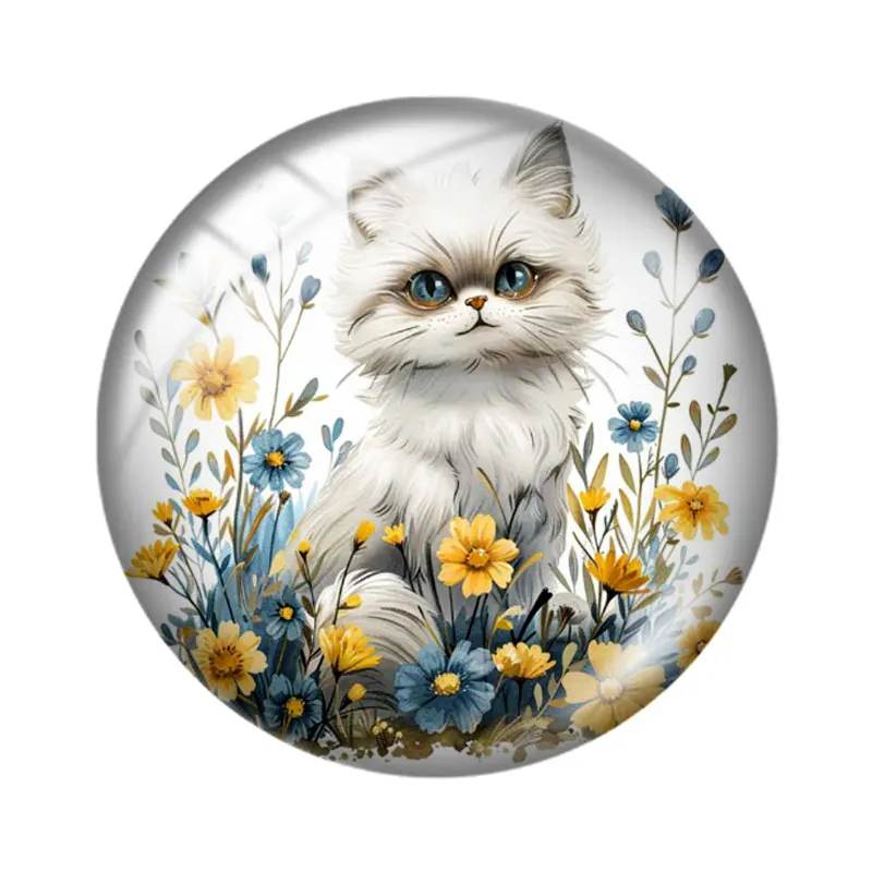 Simpatico gatto soffice in fiore Patch 12mm/14mm/16mm/18mm/20mm/25mm Foto rotonda cabochon in vetro con retro piatto Creazione di risultati per Pin Neckl