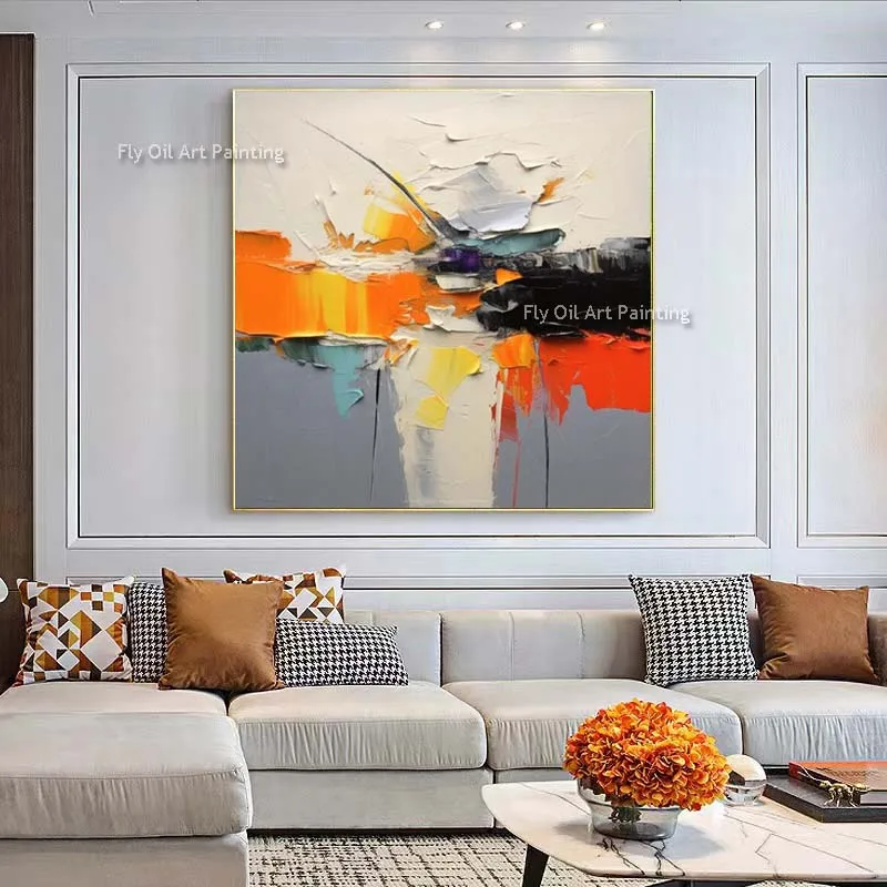 Abstract Color Mix Thick Oil Painting Handmade White Orange Gray Black Canvas Painting Knife Artwork Decor For Home Office