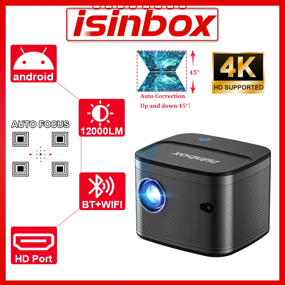 ISINBOX Projector Android 9.0 Auto Focus HD 1080P 4K WIFI Bluetooth Smart TV  Video Projectors With Stand HD Port Home Theater