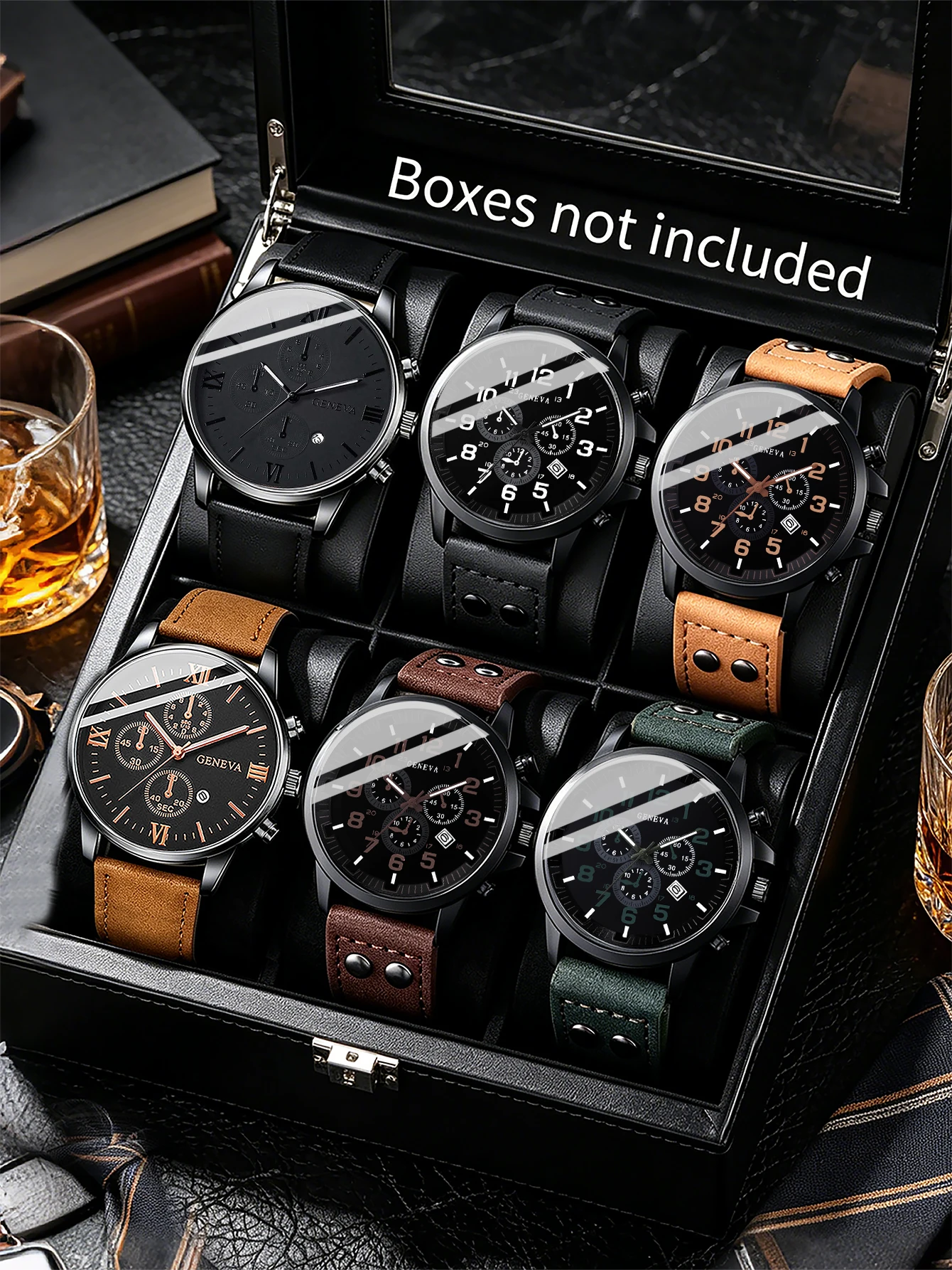 6-Piece Set, Men's Casual Fashion Leather Strap Quartz Watch, Round Dial, Pointer Display, Versatile for Daily Casual Wear, Travel, and Business Trips, Essential Accessory, Suitable as a Holiday Gift, No Box.