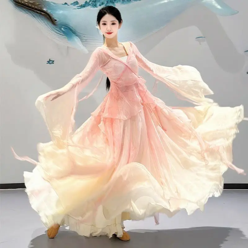 

Classical dancer performance costumes chiffon practice dance clothes body long outer green pink Chinese style folk dance dress