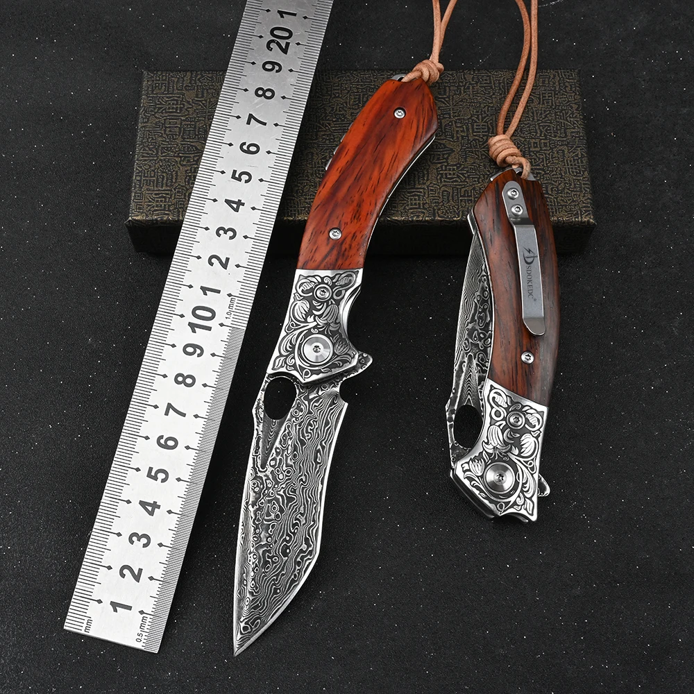 Image of SDOKEDC Klappmesser aus VG10-Damaststahl mit hoher Härte, Holzgriff, für Outdoor, Camping, Angeln, EDC, Alltagswerkzeug