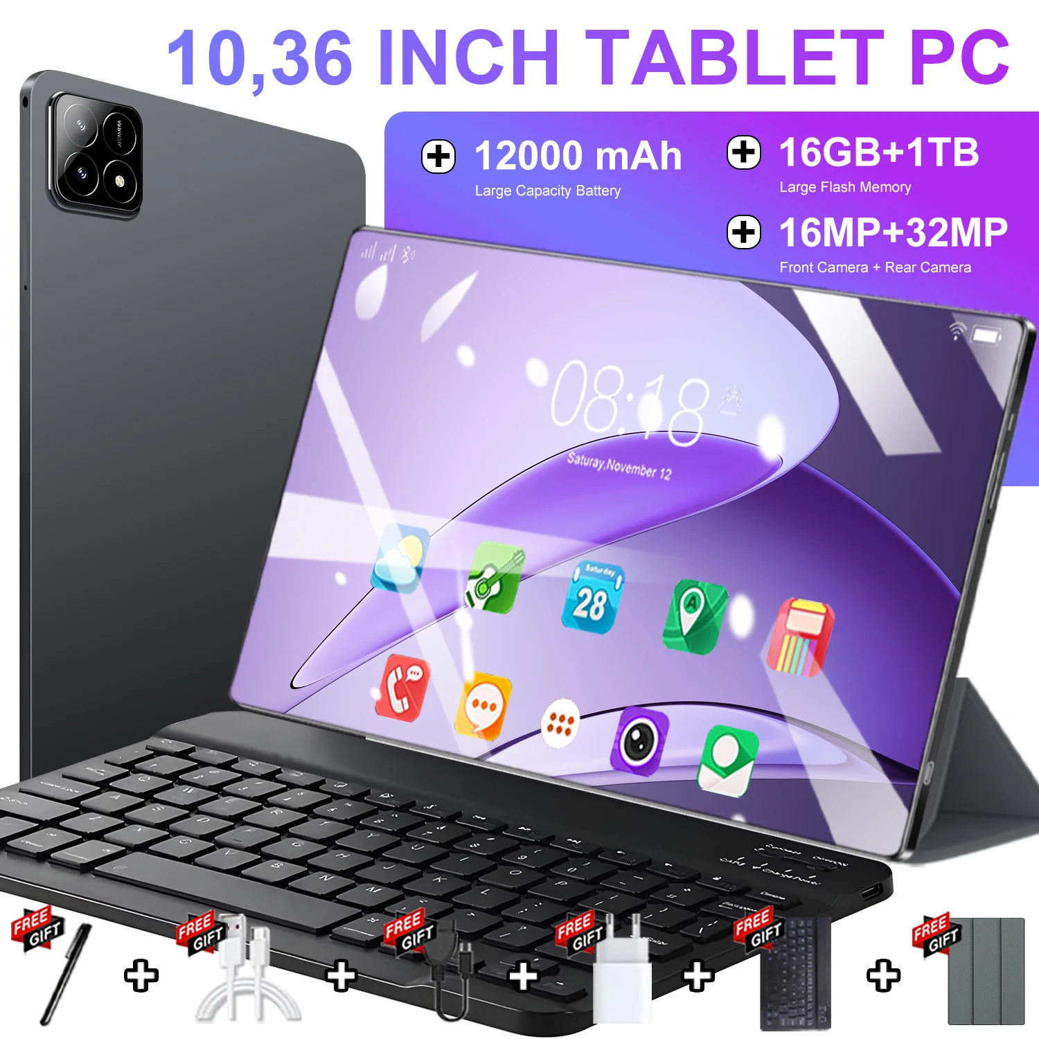 Nouvelle tablette mondiale 2026 de 10,36 pouces Android 13, 16 Go 1 To, 10 cœurs, 4K HD, 5G WIFI, Bluetooth, 12000 mAh