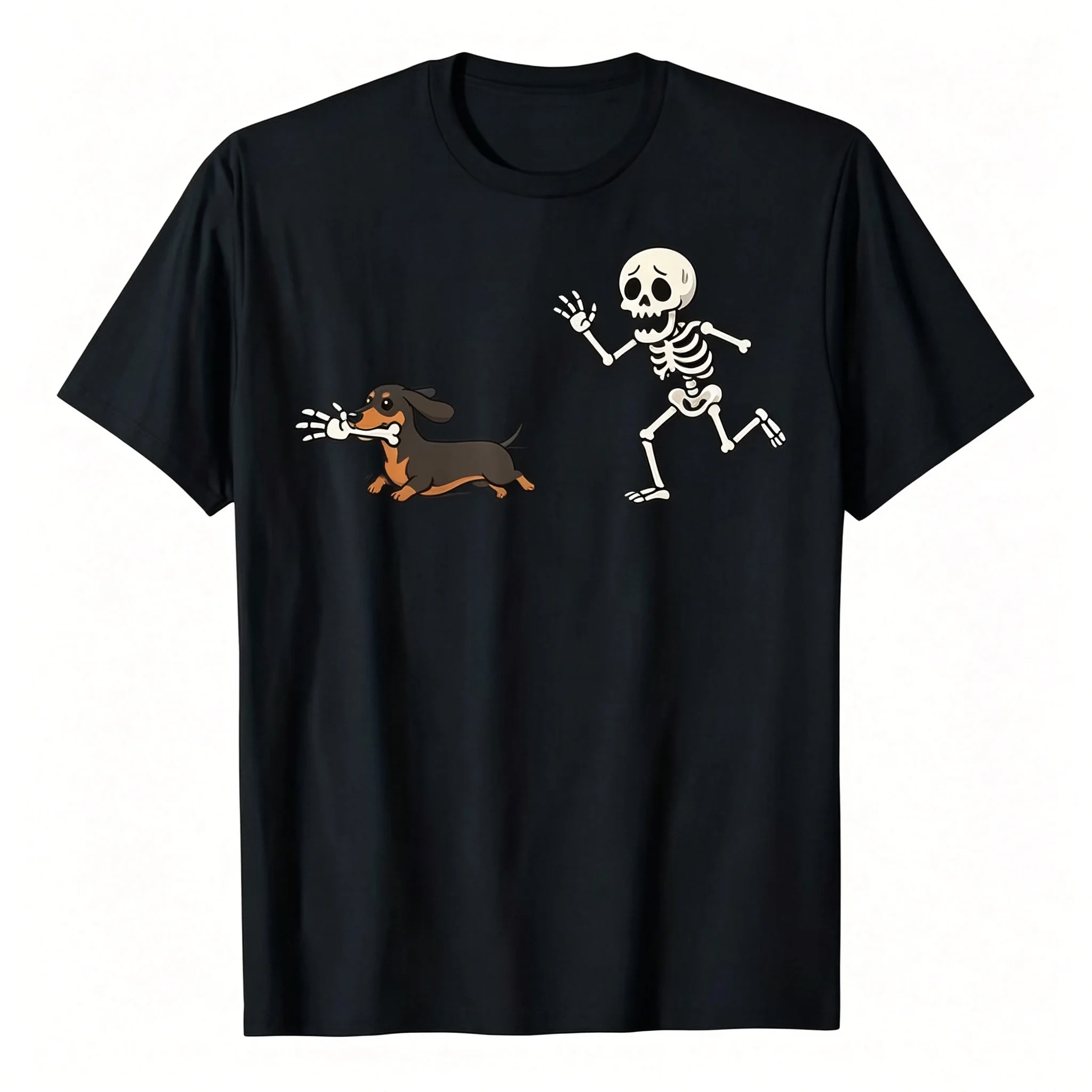 Funny Dachshund Chasing Skeleton T-Shirt, Cute Wiener Dog Halloween Graphic Tee, Spooky Dog Lover Halloween Gift Shirt