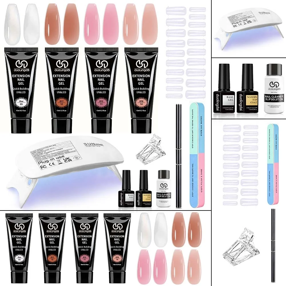 DOULINGDAI Set de Gel para Extensión de Uñas de 4 Colores, Transparente, Rosa, Blanco, Marrón, Hiborges, con Mini Lámpara de Uñas y Herramientas Esenciales