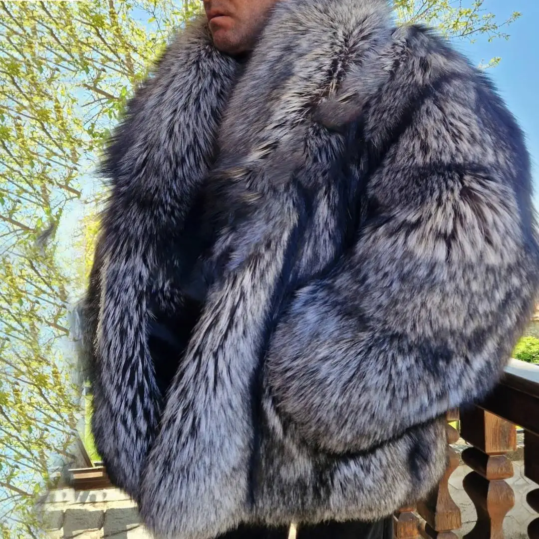 Fashion Men Natural Silver Fox Fur Jacket with Big Turn-down Collar Winter Thick Warm Fur Overcoats Real Silver Fox Fur Coats