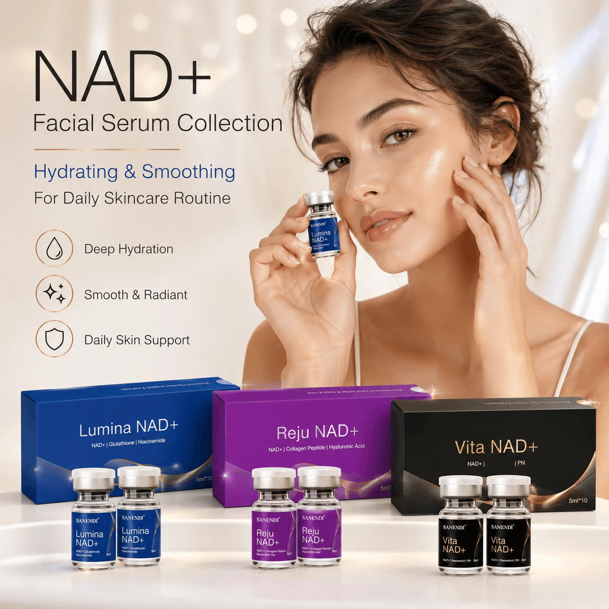SANENDI NAD+ Korean Facial Essence Set with Hyaluronic Acid and Peptide, Lightweight Hydrating Daily Skin Care, 5ml x 10 Vials
