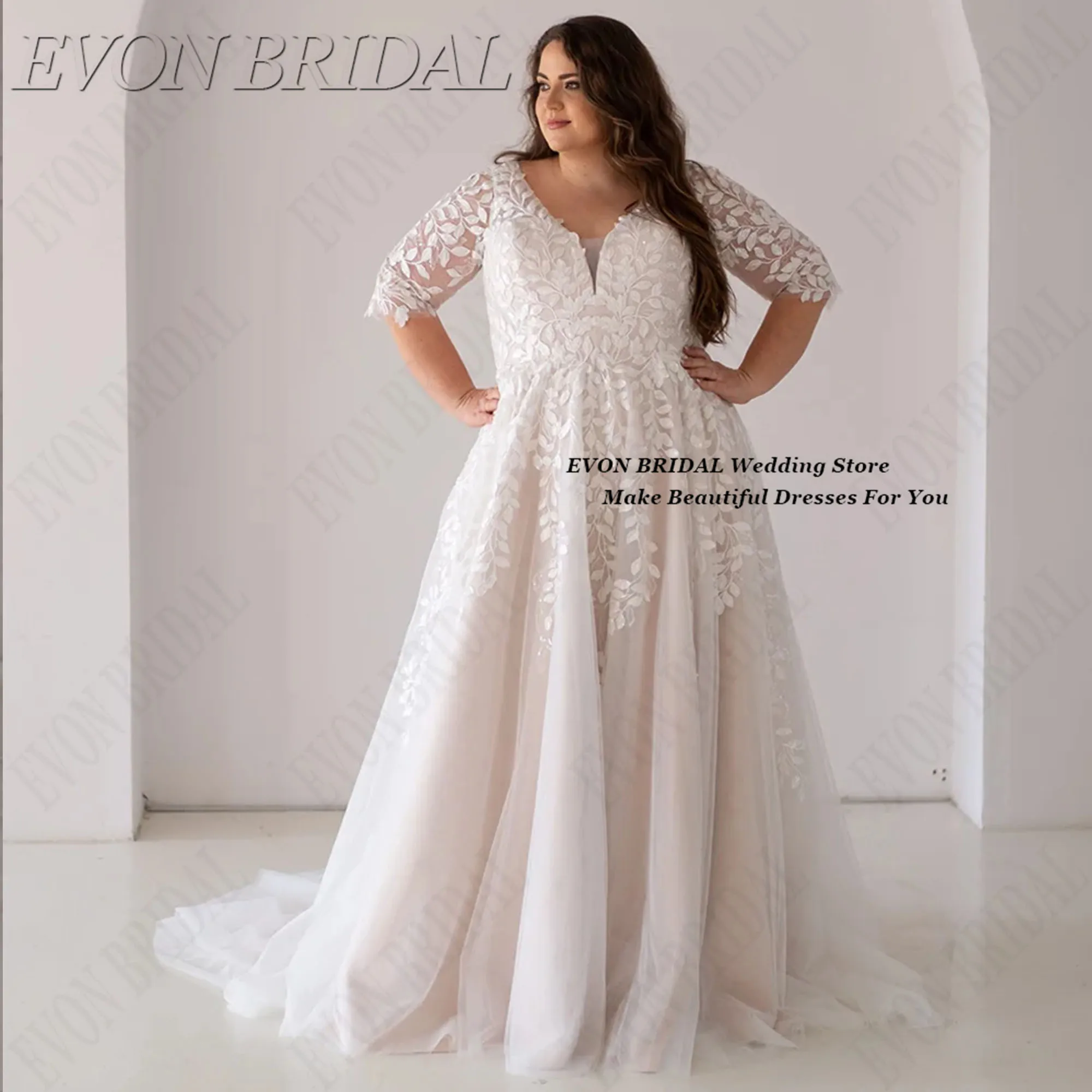 

3/4 Sleeves Vestido Casamiento Appliques Tulle Plus Size Wedding Dresses Civil Long Classic Brides Dress EVON BRIDAL Customized