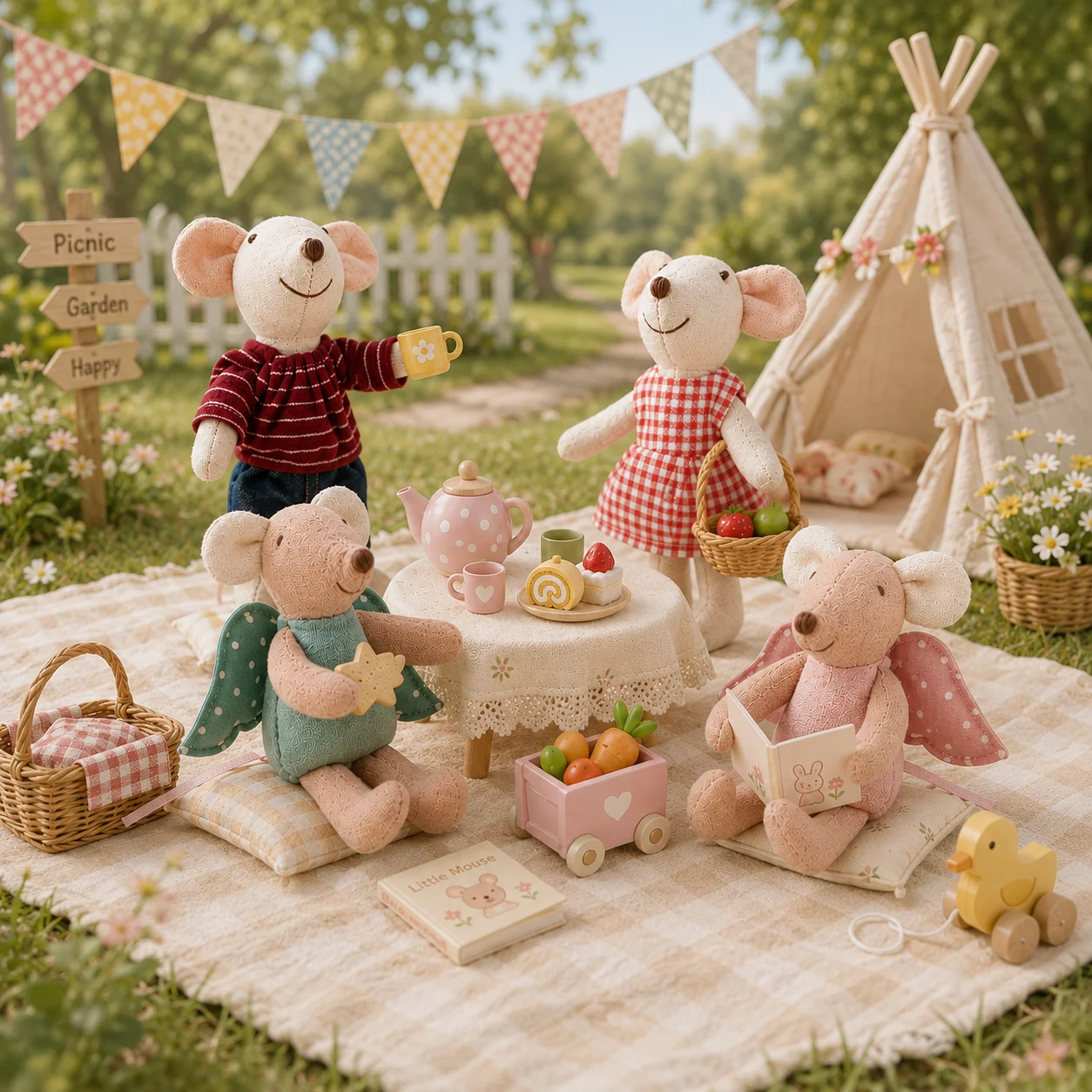 Set Di 4 Bambole Fatte A Mano Della Famiglia Dei Topolini, Topolini Di Peluche In Lino Da 15 Cm E 10 Cm, Bambole Topolino In Stile Nordico, Regalo Per Bambini.-image