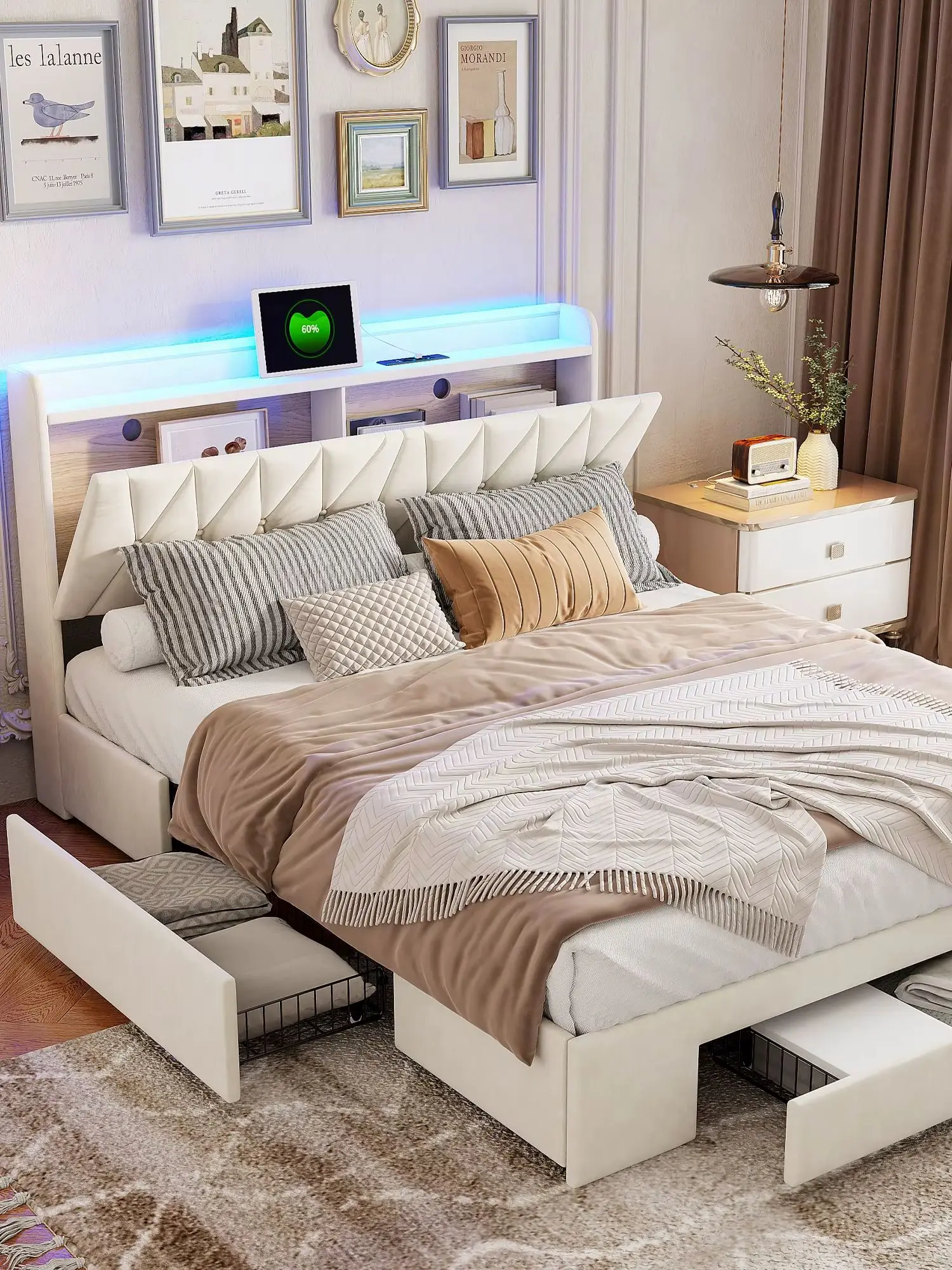 Modernes, mit Samt gepolstertes Bett, Bettgestell mit Stauraum, diamantgestepptes, gepolstertes Plattformbett mit 3 Schubladen auf Rollen, Matratze nicht im Lieferumfang enthalten, Jugendbett, beige