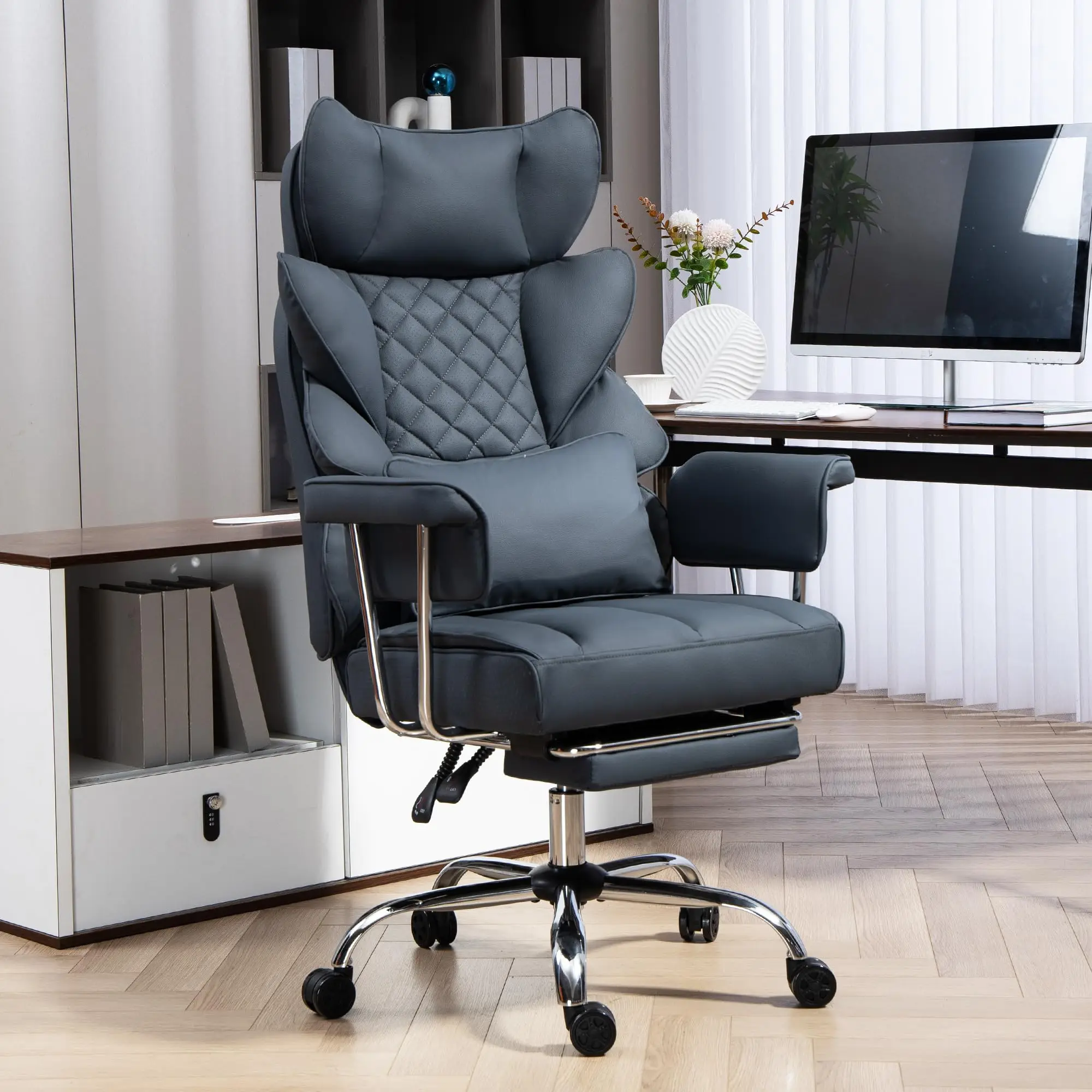 Fauteuil de bureau ergonomique DYHOME avec repose-pieds, supportant jusqu'à 227 kg (500 lbs), fauteuil de direction pour personnes de grande taille avec appui-tête et soutien lombaire réglables en hauteur, fauteuil inclinable en cuir PU pour la maison (no