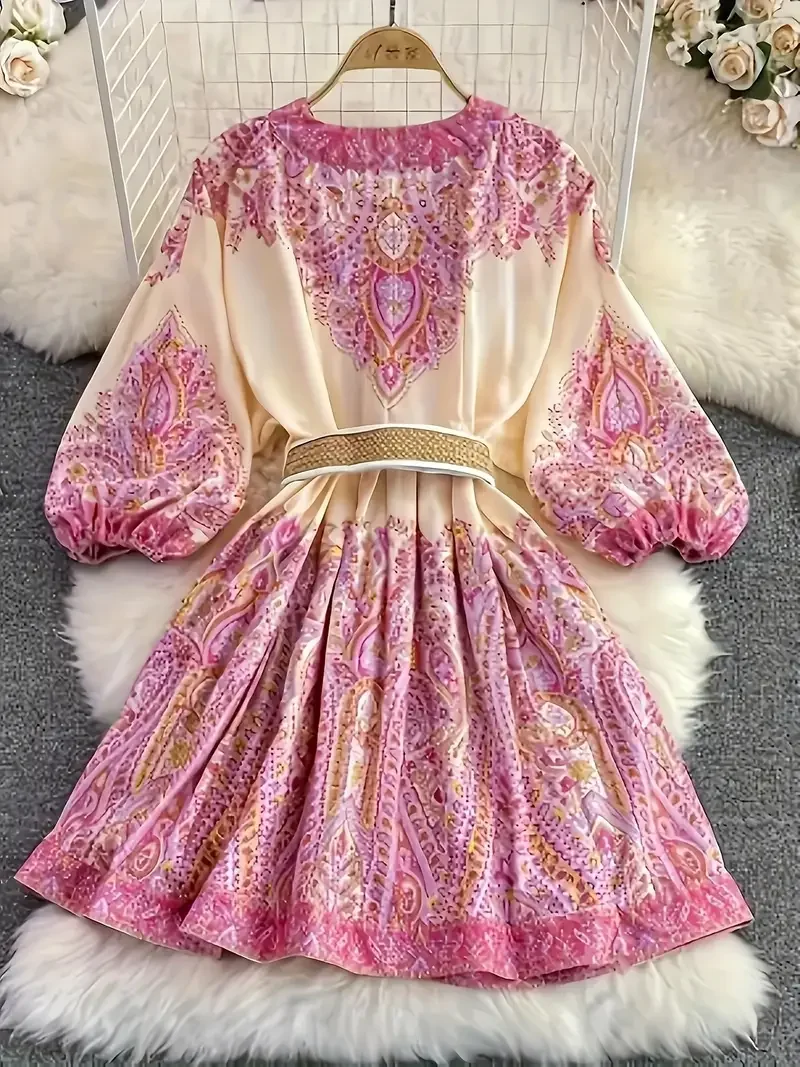 Boho Women's Dress - Vintage V-Neck Ruffled Floral Print Dress with Belt, Lantern Sleeves Button Down Casual Short Summer Dress