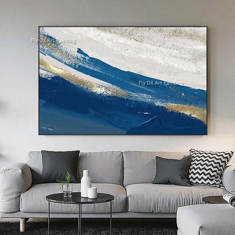 White And Blue Marble Texture Thick Oil Painting Hand Painted Gold Minimalist Abstract Canvas Wall Art For Home Office Decor