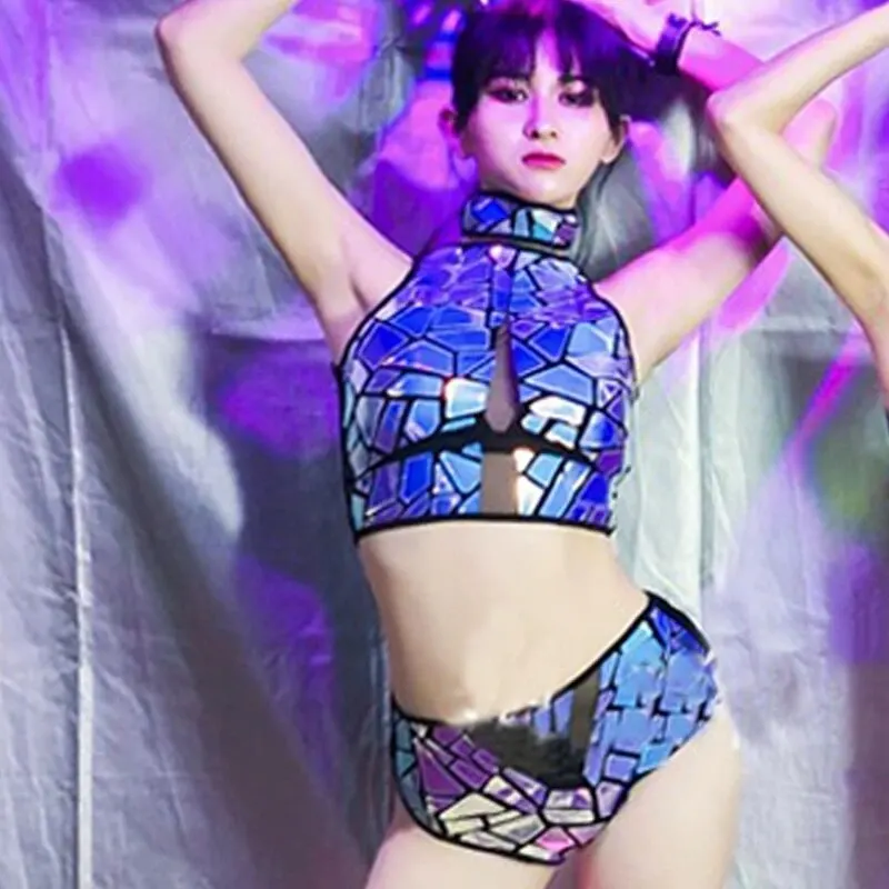 Women's Sexy Mirror Bodysuit Outfit with Lens Design DJ Helmet Mask Nightclub Party Stage Pole Dance Rave Party Costume