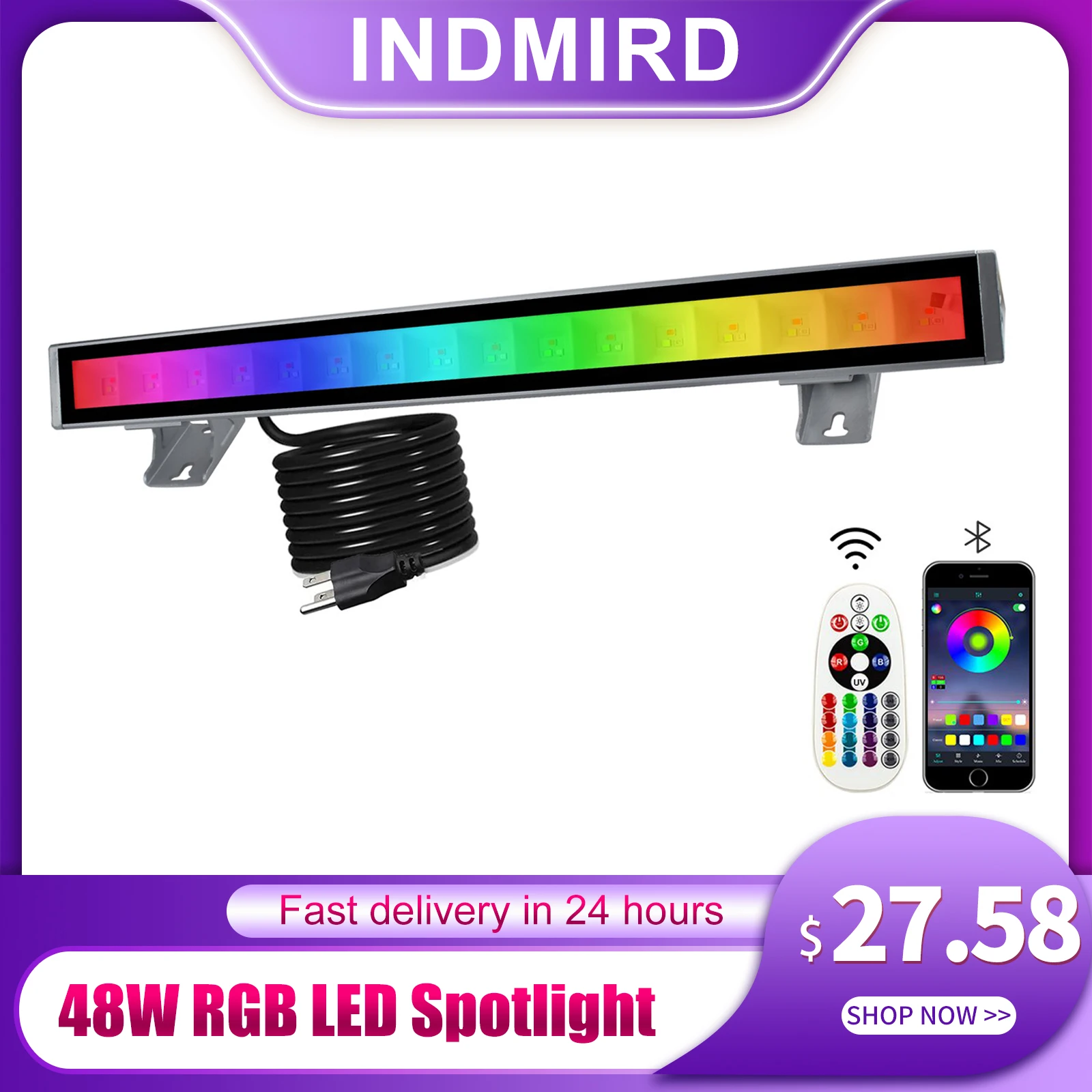 RGB LED Spotlight,48W RGB Wallwasher Light,LED Bar Light Effects IP66 Waterproof Smart Party Lights with Remote Control and App