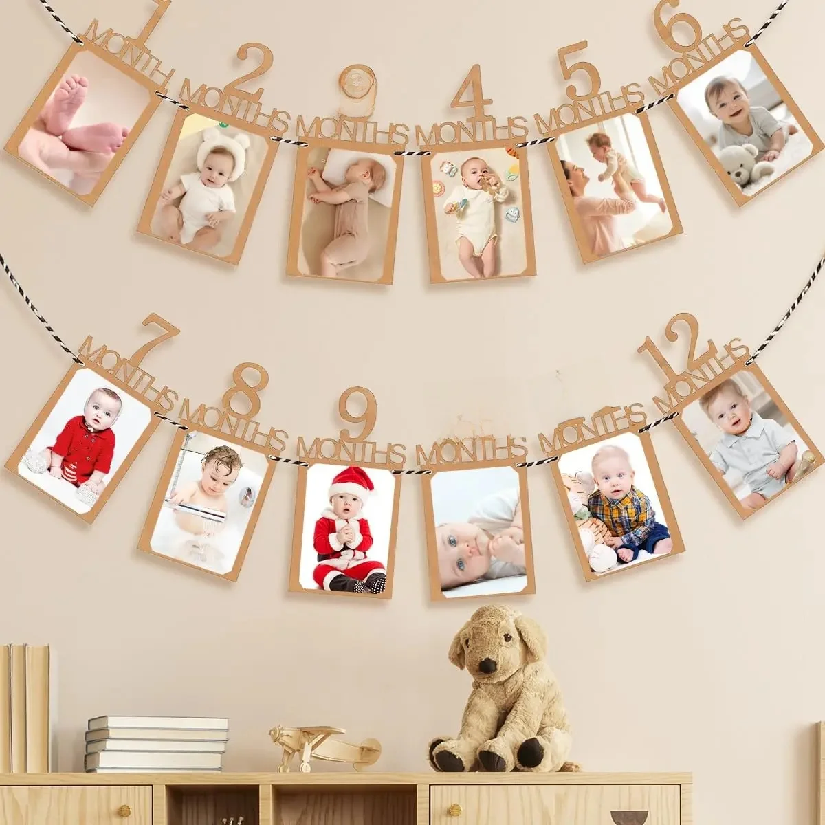 Bannière de premier anniversaire pour bébé, enregistrement de croissance en papier kraft, accessoires Photo de 1 à 12 mois, fournitures de décoration de fête pour bébé garçon et fille