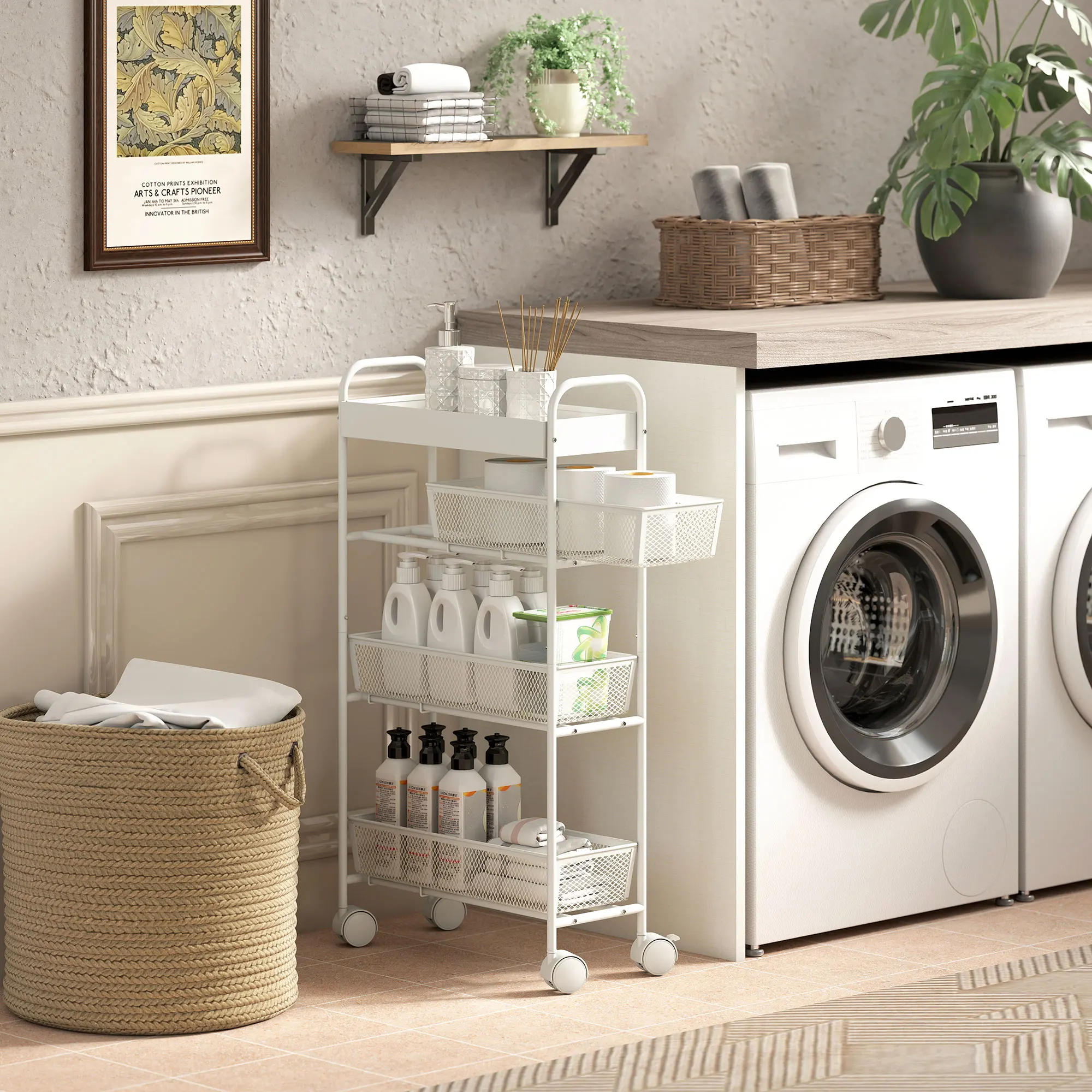 Chariot de service à roulettes blanc à 4 niveaux, équipé de 3 paniers de rangement coulissants, plateau supérieur de dimensions 19 x 43,2 x 80 cm, chariot de rangement mobile pour la maison.