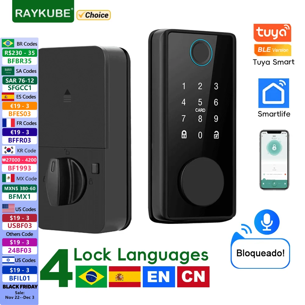 RAYKUBE DS01 4-language Tuya Bluetooth Smart Fingerprint Deadbolt Lock with Latch/Door Sensor Key/Password/Card/ Tuya APP Unlock